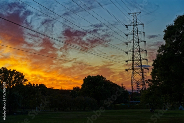 Fototapeta Power lines and sunset