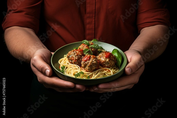 Fototapeta  a man holding an elegant green bowl with spaghetti and meatballs in his hands, against a background. He is wearing a red shirt, isolated on a black background, in a studio shot