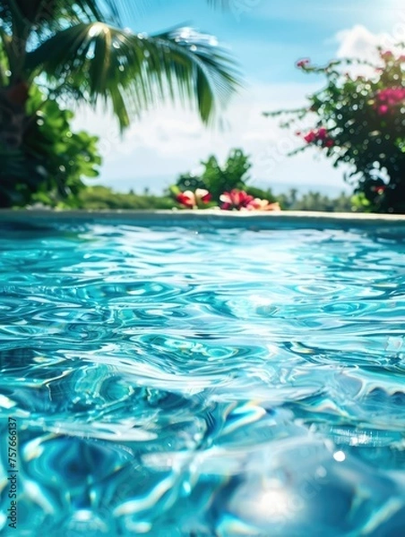 Fototapeta Refreshing tropical poolside view with blur - Clear blue pool water with palm trees and tropical flowers in background, suggesting relaxation and leisure in a sunny, tranquil setting