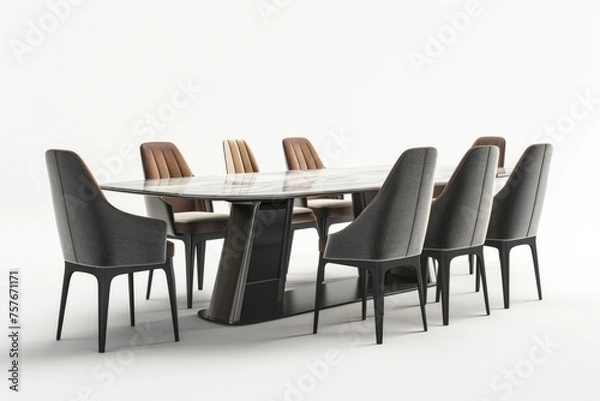 Fototapeta 3D Render of a elegant dining table with chairs, creating a welcoming atmosphere for family meals, on isolated white background, Generative AI