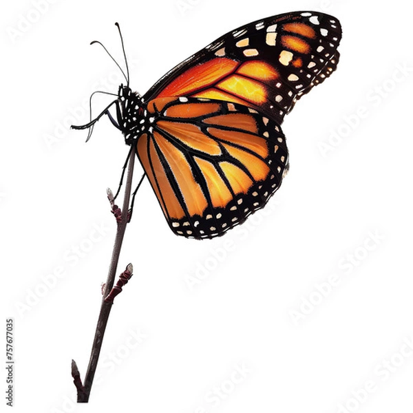 Fototapeta Beautiful monarch butterfly with orange wings isolated on a white background in a garden