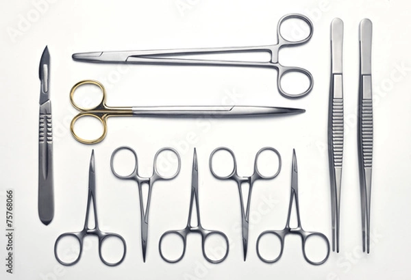 Obraz Set of various surgical instruments on a white background