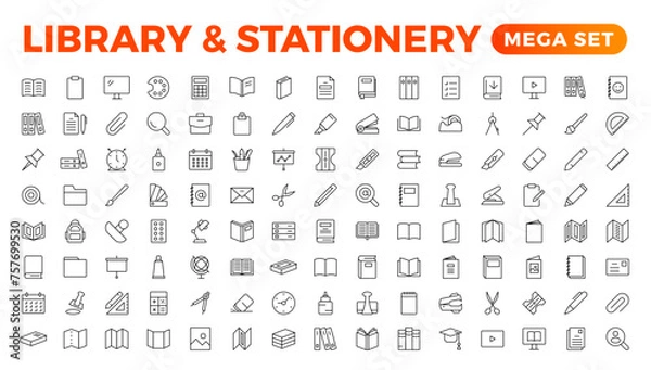 Fototapeta Educational Resources Line Icons set. Backpack, Book,  learning, school. Learning icon set. Contains study, graduation, student, knowledge, learning, school, and stationery icons.