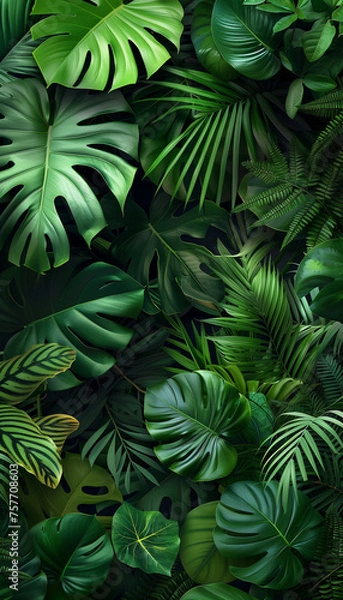 Fototapeta Generative AI image tropical plants, dark green leaves, monstera, A lush green tropical rainforest with various leaves, such as monstera and ferns