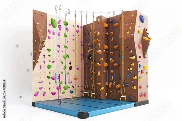 Fototapeta 3D Render of a climbing gym with walls of varying difficulty levels and safety equipment, on isolated white background, Generative AI
