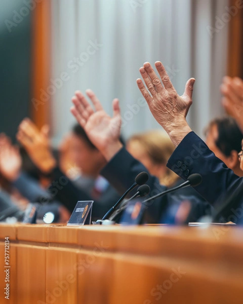 Fototapeta News from parliamentary meetings: voting on various issues, many hands raised in unison as a symbol of unity in decision-making.