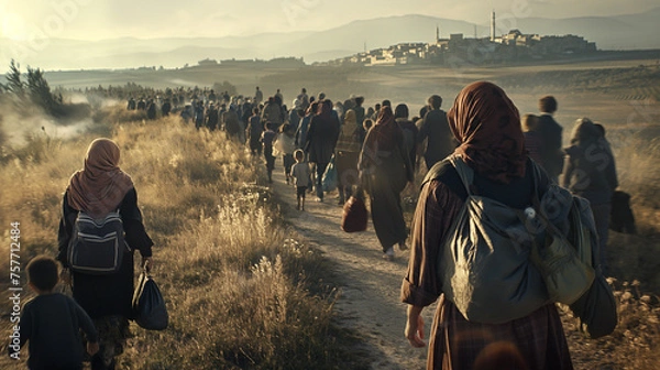 Obraz News journalism: refugees with children walking along a road beside fields, dust swirling amidst scorched grass, in the distance, a city with mosque towers, depicting the aftermath of war.