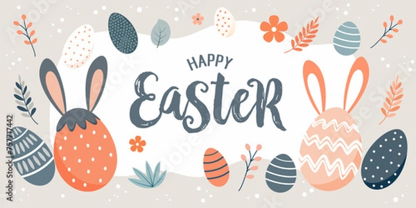 Fototapeta easter card with eggs and rabbit, banner in pastel colors. modern minimal style. poster and greeting card.	
