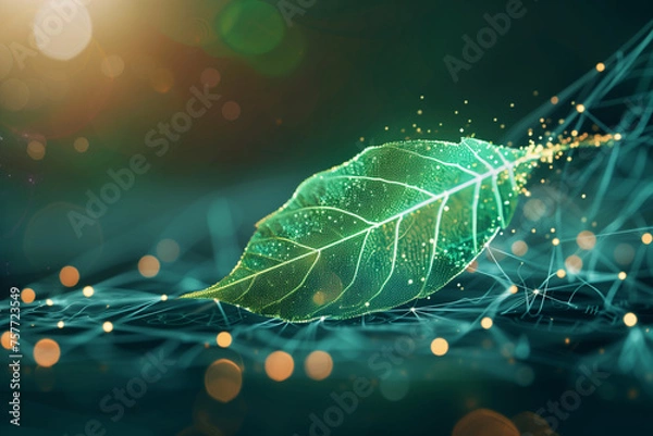 Fototapeta magic green leaf on digital technology background by generative AI.