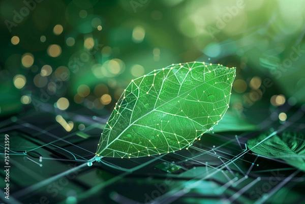 Fototapeta magic green leaf on digital technology background by generative AI.