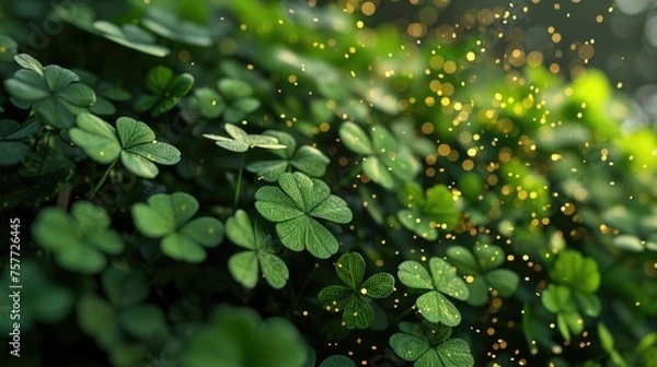 Fototapeta Close up of green clovers with sparkly effect