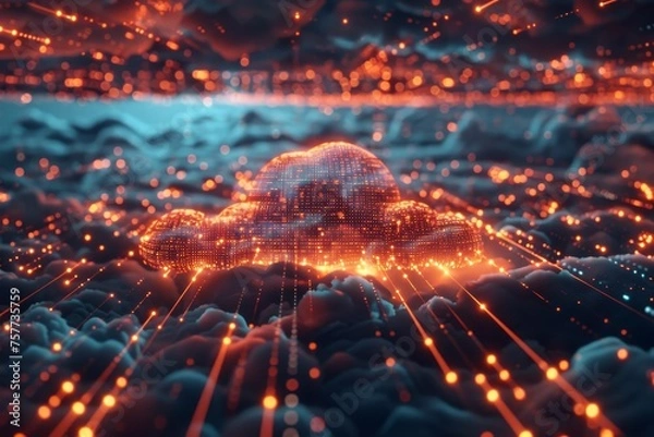 Fototapeta Cyber cloud infrastructure glowing against a backdrop of virtual data streams