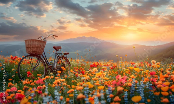Obraz Bicycle with a wicker basket in a Beautiful spring landscape with colorful wildflowers in a green meadow, Generative AI 