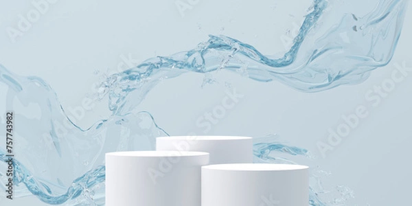 Fototapeta 3d realistic cosmetic background. 3d podium with abstract water splash blue background for cosmetic, perfume, and product presentation. 3d illustration.