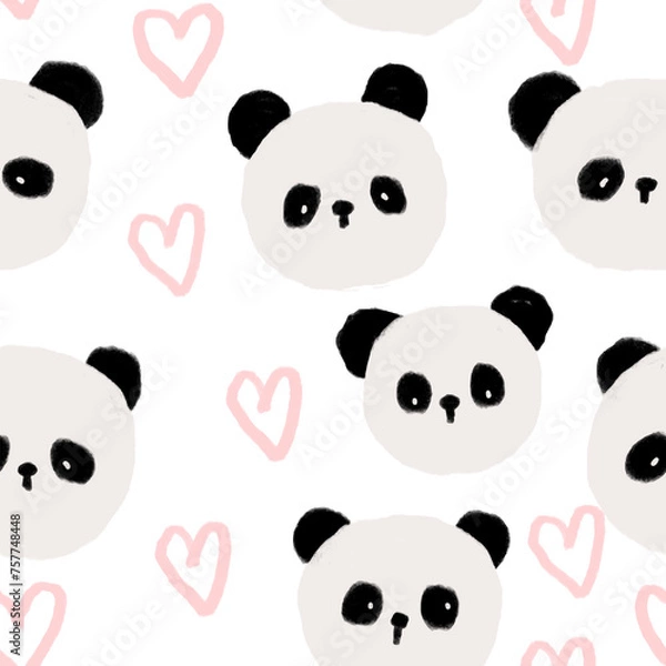 Obraz cute hand drawn panda face with pink hearts, kids seamless pattern neutral background