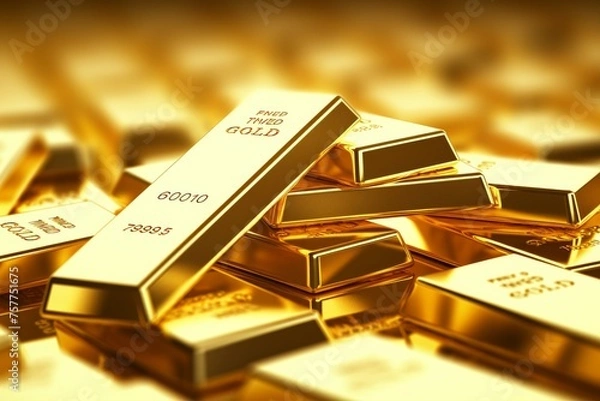 Fototapeta Ai generated ofGold bars Gold ingot, bullion gold, bank vault, stacked image. close up many pure gold bar ingot put on the black color with bokeh surface. many pile of gold bars in golden background.