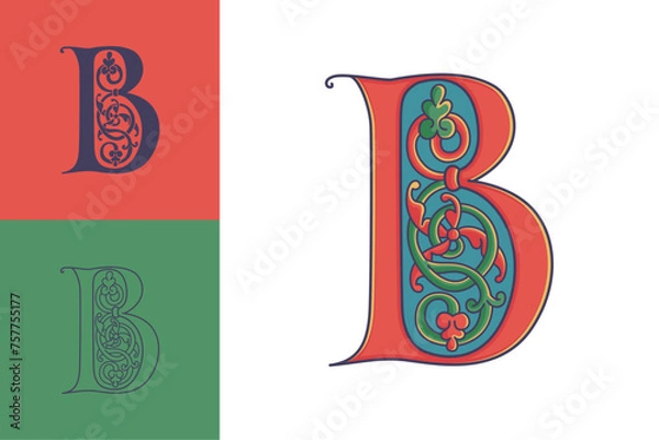 Obraz Letter B initial with trailing vines of thistle plant. Medieval blackletter drop cap based on Bohemian manuscript. Romanesque style dim colors illuminated emblem. Decorative wax seal monogram logo.