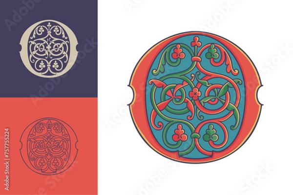 Obraz Letter O initial with trailing vines of thistle plant. Medieval blackletter drop cap based on Bohemian manuscript. Romanesque style dim colors illuminated emblem. Decorative wax seal monogram logo.