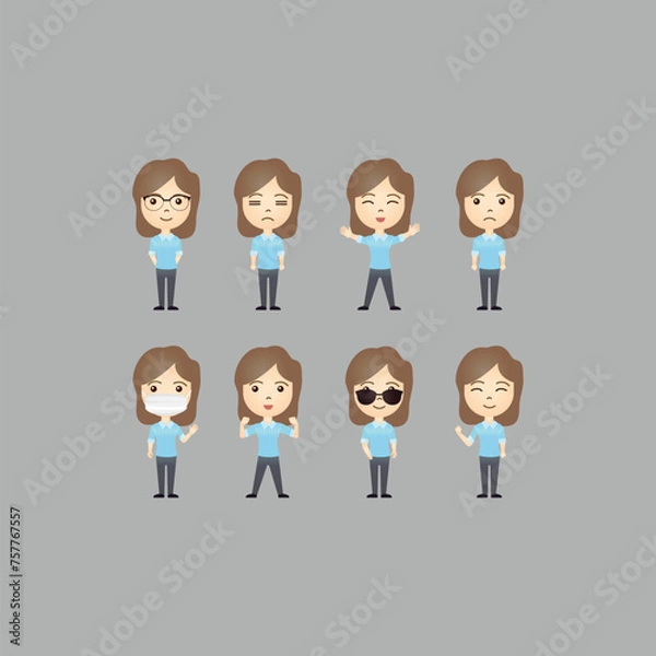 Fototapeta Set of cute Caucasian cartoon characters with various movements and emotional expression
