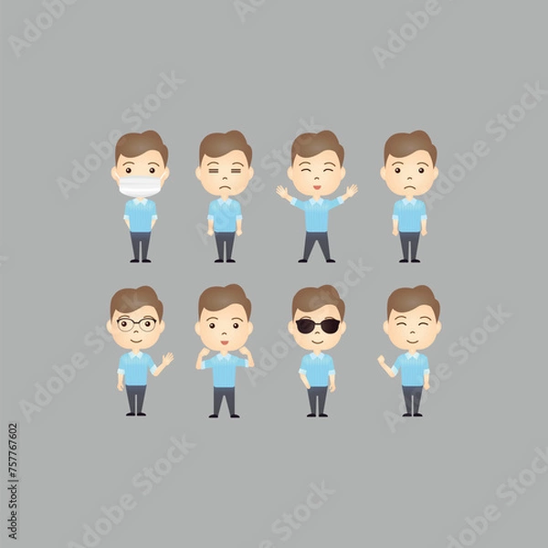 Fototapeta Set of cute Caucasian cartoon characters with various movements and emotional expression
