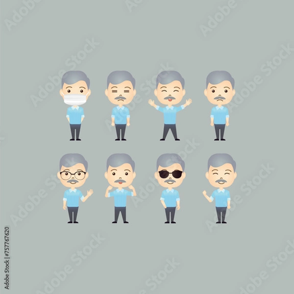 Fototapeta Set of cute old senior cartoon characters with various movements and emotional expression
