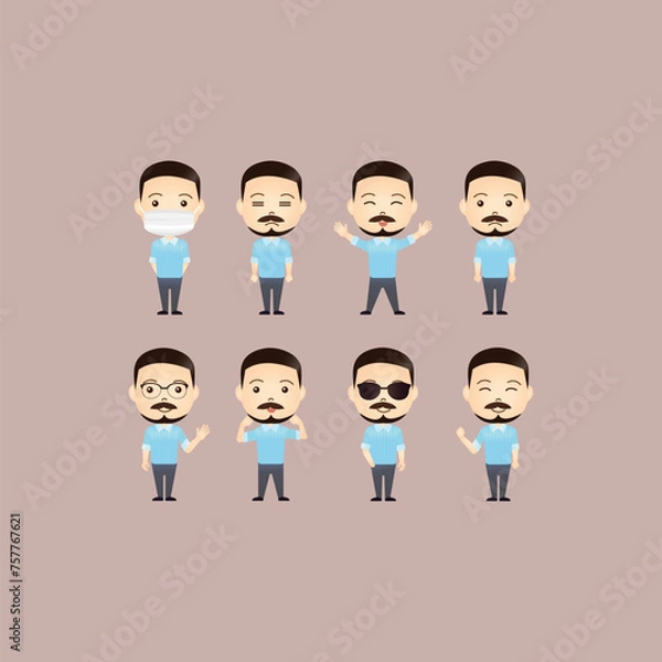 Fototapeta Set of cute Muslim cartoon characters with various movements and emotional expression
