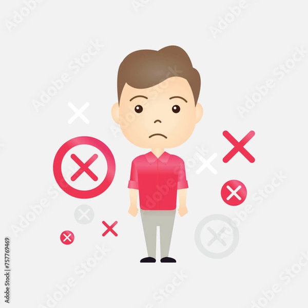Fototapeta Cute Caucasian cartoon man with x or wrong symbol on isolated background
