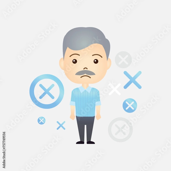 Fototapeta Cute old man cartoon with x or wrong symbol on isolated background
