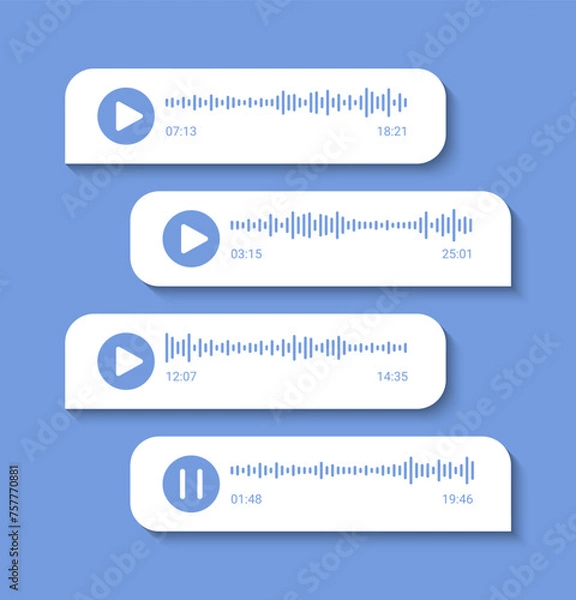 Obraz Volume equalizer with spectrum noise, button. Voice message with sound waves and pause icon. Audio social media recording chart. Podcast soundwave line. Shape of mobile talk track. Vector illustration
