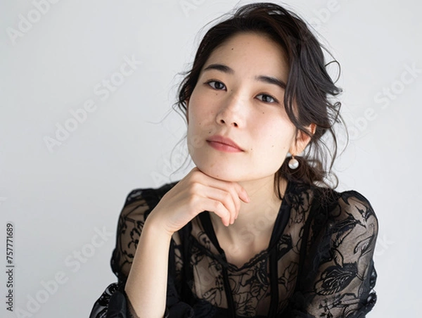 Fototapeta 頬杖をつくアジア人女性のポートレート