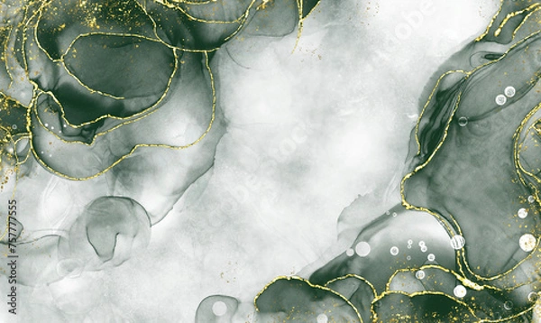 Fototapeta green alcohol ink and green watercolor Elegant abstract ink flow art mixed with golden pattern with translucent background.