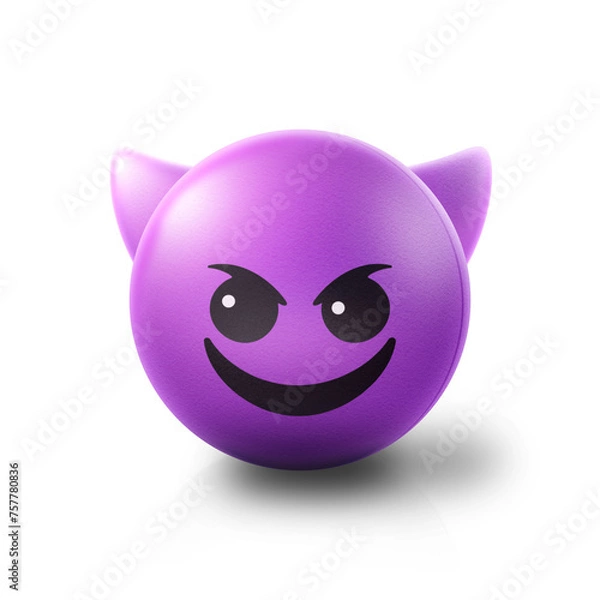 Fototapeta Happy horned devil Emoji stress ball on shiny floor. 3D emoticon isolated.