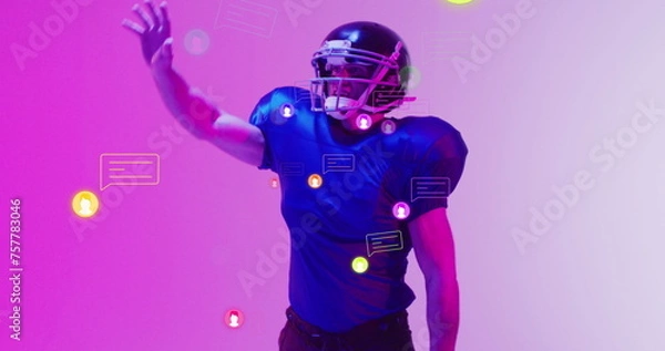Fototapeta Image of icons and data processing over caucasian american football player