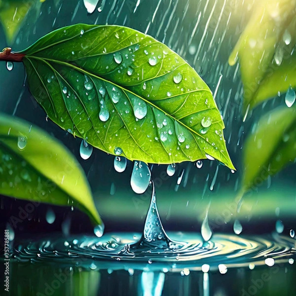 Obraz water drops on green leaf