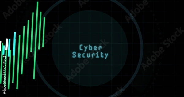 Fototapeta Statistical data processing and cyber security text over round scanner against black background