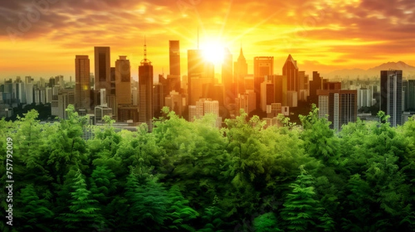 Fototapeta modern, eco-friendly cityscape illuminated. concept background green energy