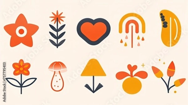 Fototapeta Retro stickers in groovy style set. Mushrooms, flowers, rainbow, stars, heart. Vibe 70s, 60s. Beige background. 