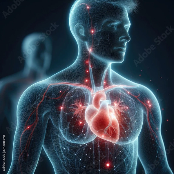 Fototapeta Male body anatomy with highlighted heart and circulatory system on dark background