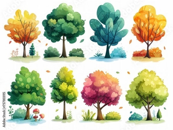 Fototapeta Collection of Stylized Beech Tree Illustrations on White Background Generative AI