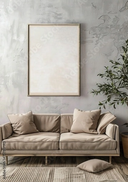 Fototapeta modern living room interior design. Sofa against texture wall with frame poster. Clean home interior.
