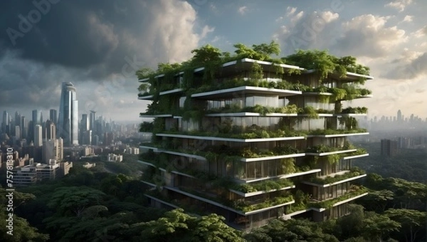 Fototapeta Sustainable green building in modern city. Green architecture. Sustainable building with vertical garden reduce CO2. Futuristic  eco friendly theme