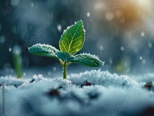 Obraz Green Sprout on Snowy Ground