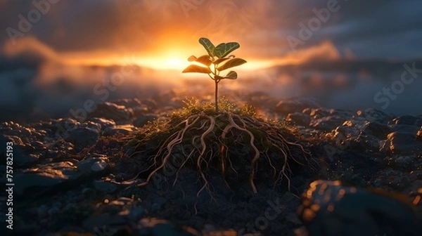 Obraz Tree Growing out of Rocks with Sunset Pattern