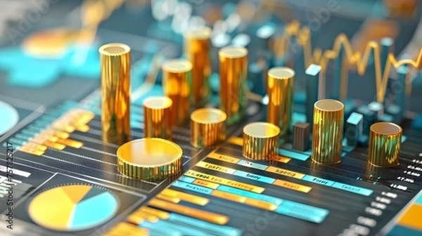 Obraz Financial Charts and Gold Graphs on Modern Technology Background