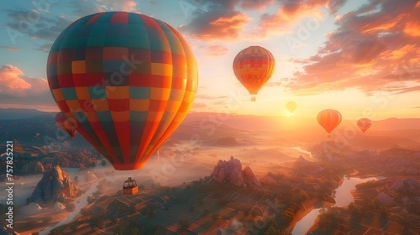 Obraz Hot Air Balloons Flying Over a Desert Valley in 8k 3D