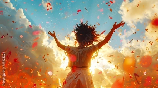 Obraz Woman in Afrofuturistic Style Celebrating with Confetti at Sunset