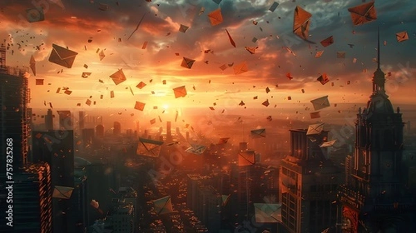 Obraz Cityscape with Flying Envelopes