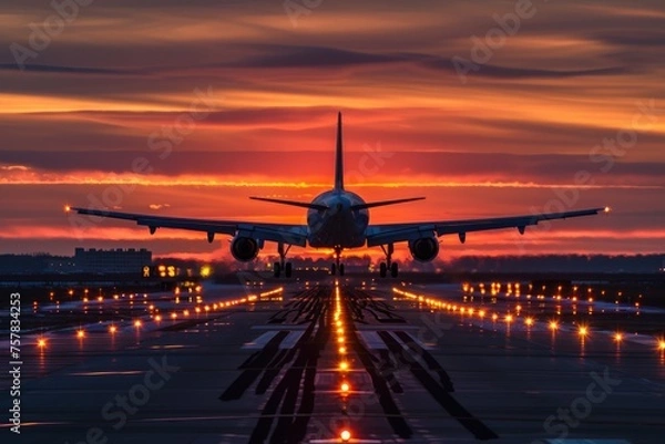 Fototapeta Beautiful Sunset Airplane Landing. Airliner Arrival at Aerodrome with Enchanting Sun Atmosphere in the Background - Aviation Stock Photo