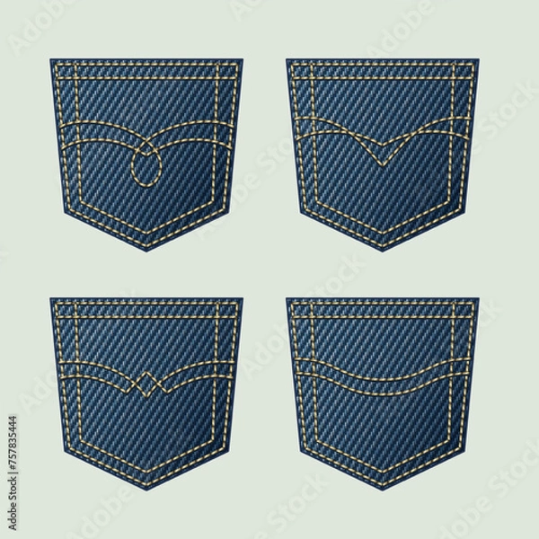 Fototapeta Denim back pockets with various yellow thread stitches, topstitching. Set of design elements in vintage style.
