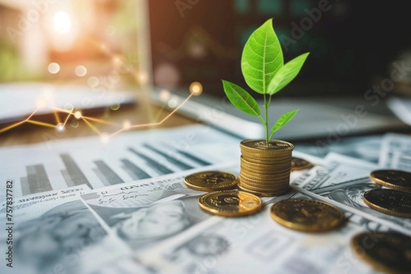 Fototapeta Small plant growing and coins and green economic and financial statistic report background, financial growth concept by generative AI.